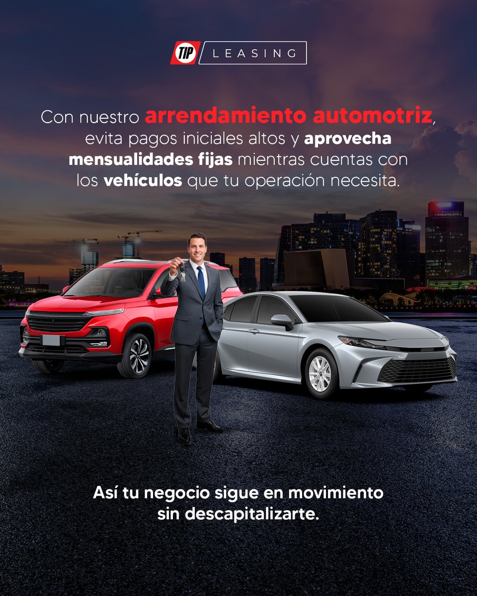 TIPMexico's tweet image. 🚙Evita descapitalizarte con altos pagos de enganche.
Con nuestro arrendamiento automotriz, usa vehículos adaptados a tu operación con mensualidades fijas y un pago inicial reducido. 💰 #TIPMéxico #TIPLeasing