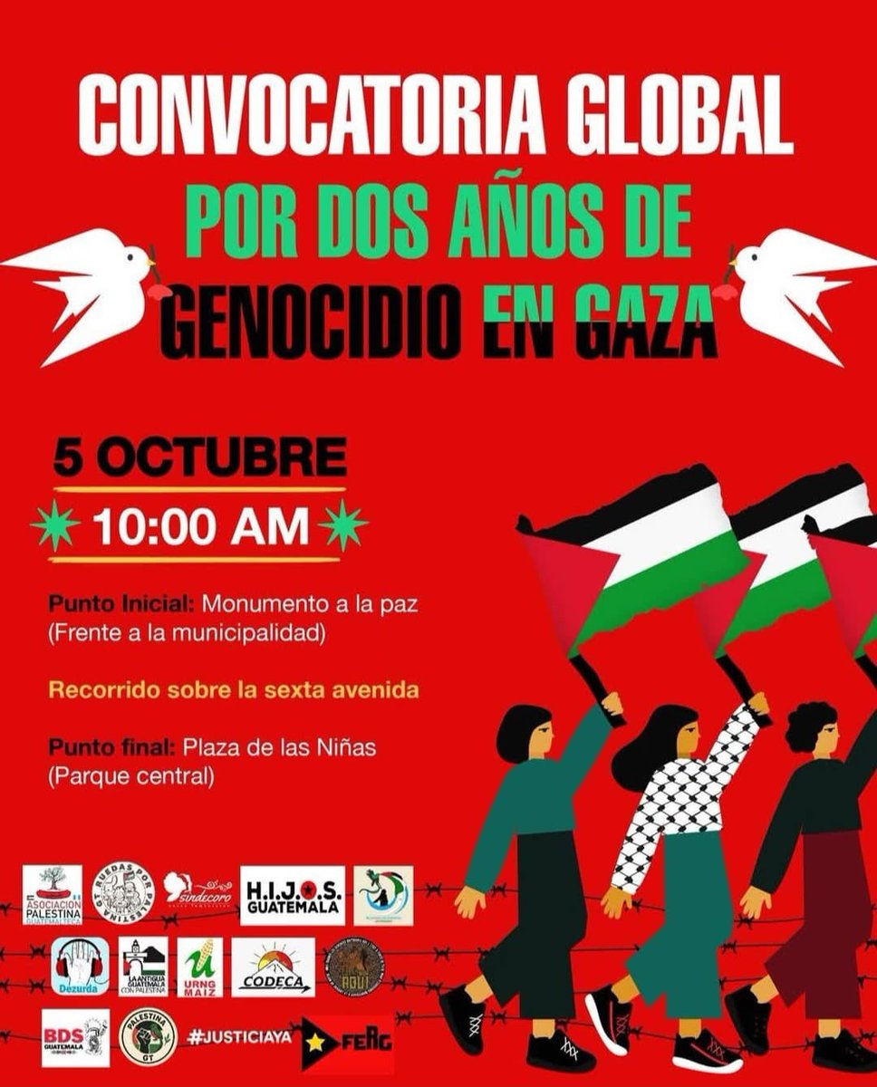 📍Ciudad de Guatemala 🇬🇹, distintas organizaciones y colectivos convocan 🇵🇸

Si quieren expresar su indignación por lo que pasa en Palestina y juntar sus voces y sentires con otras personas que buscan libertad y paz en el mundo, este domingo 5 de octubre desde el Monumento a La
