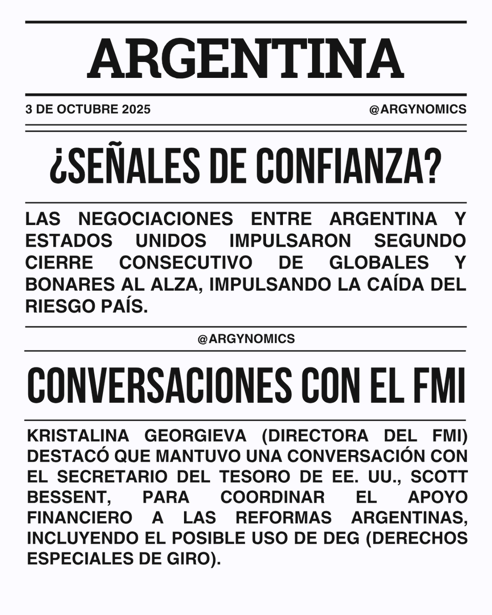 argynomics's tweet photo. 📊Actualización económica 03-10-2025
✅El FMI se uniría al apoyo del Tesoro estadounidense
✅Bonares y Globales continúan en verde https://t.co/3k0Mv6kkM7