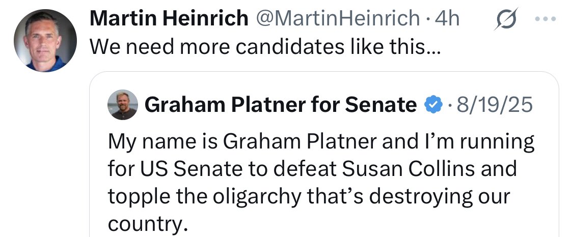PollTracker2024's tweet photo. Not an official endorsement but Graham Platner seems to have the support of New Mexico Senator Martin Heinrich. https://t.co/2p1SN1pVS8