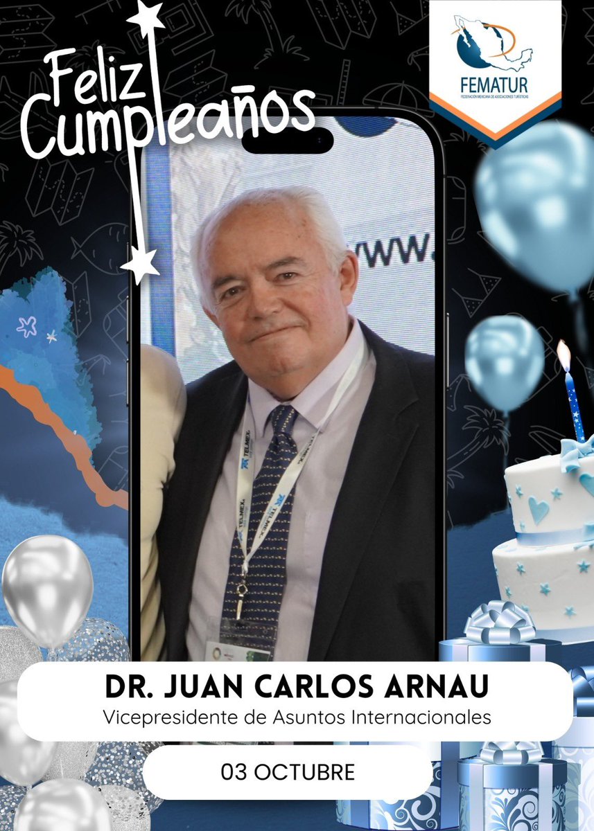 Muchas felicidades a nuestro Vicepresidente de asuntos internacionales <a href="/juancarlosarnau/">Juan Carlos Arnau</a> que este día esté lleno de alegrías y muchos viajes, que pases un extraordinario cumpleaños 🎂 te lo deseamos de parte de todo el equipo <a href="/FematurOficial/">Federación Mexicana de Asociaciones Turísticas</a> <a href="/JorgeHerDel1/">Jorge Hernández Delgado</a> <a href="/SECTUR_mx/">SECTUR México</a> <a href="/FematurNL/">FEMATUR NL</a>