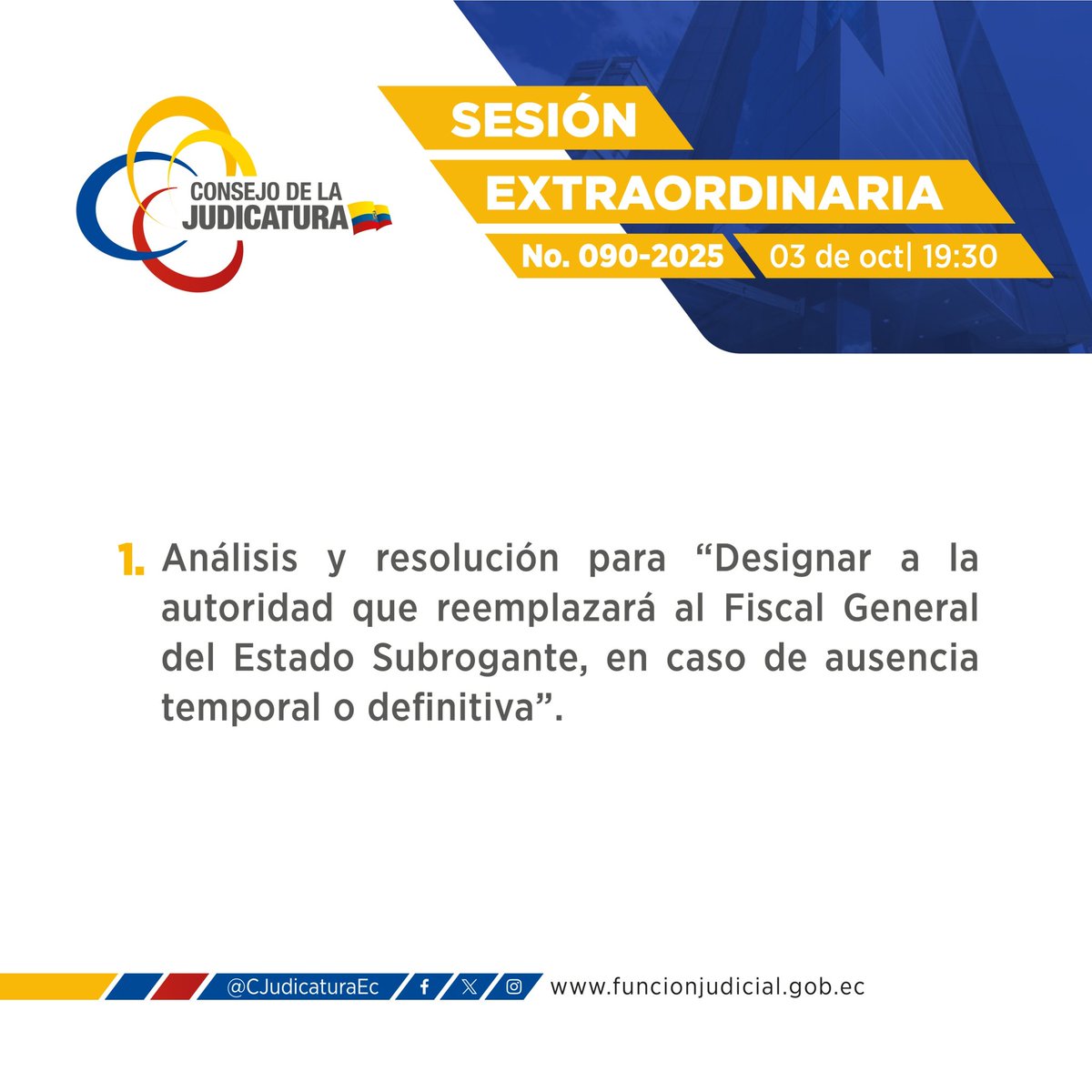 📌 #ConvocatoriaCJ

Conoce a continuación los temas que se analizarán durante el Pleno del Consejo de la Judicatura, en la Sesión Extraordinaria No. 090-2025.

#RecuperamosLaJusticia ⚖️