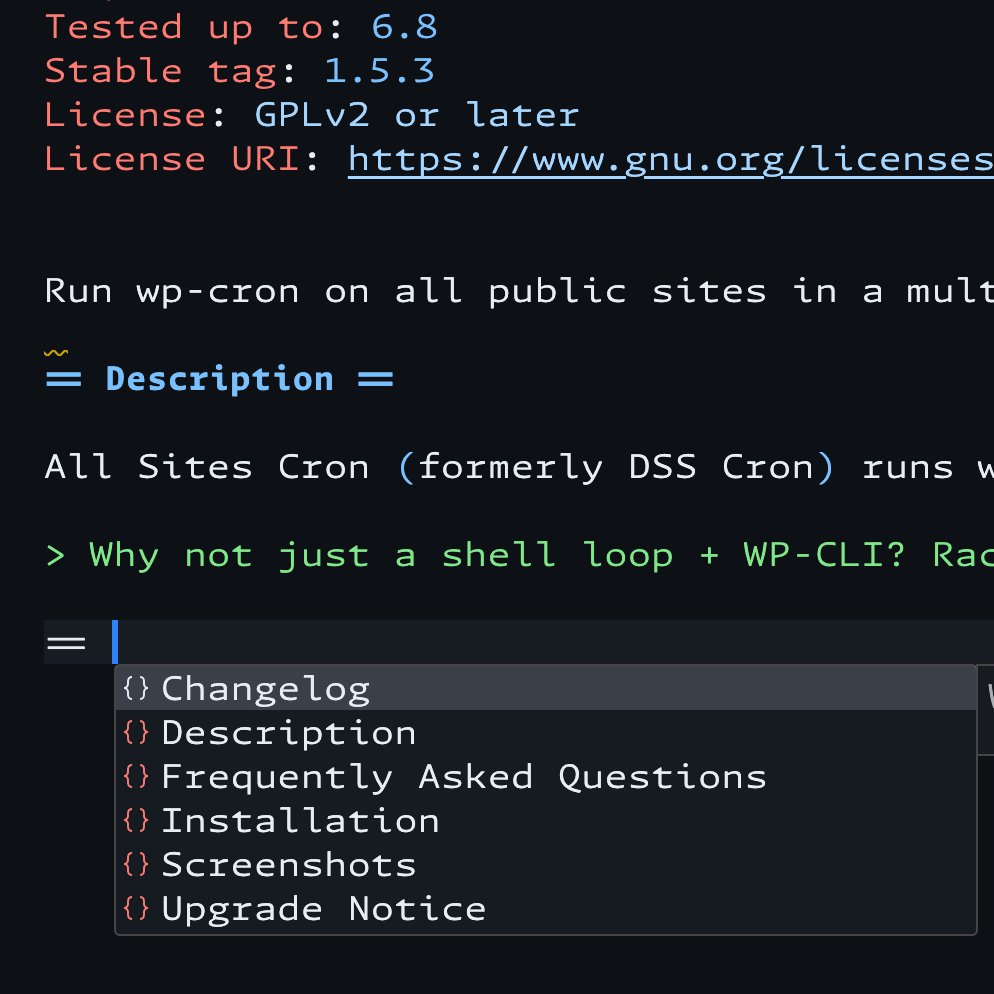 soderlind's tweet image. Added intellisense to @WordPress Readme Preview (yep, it has syntax syntax highlighting for readme.txt)
Get it at marketplace.visualstudio.com/items?itemName…