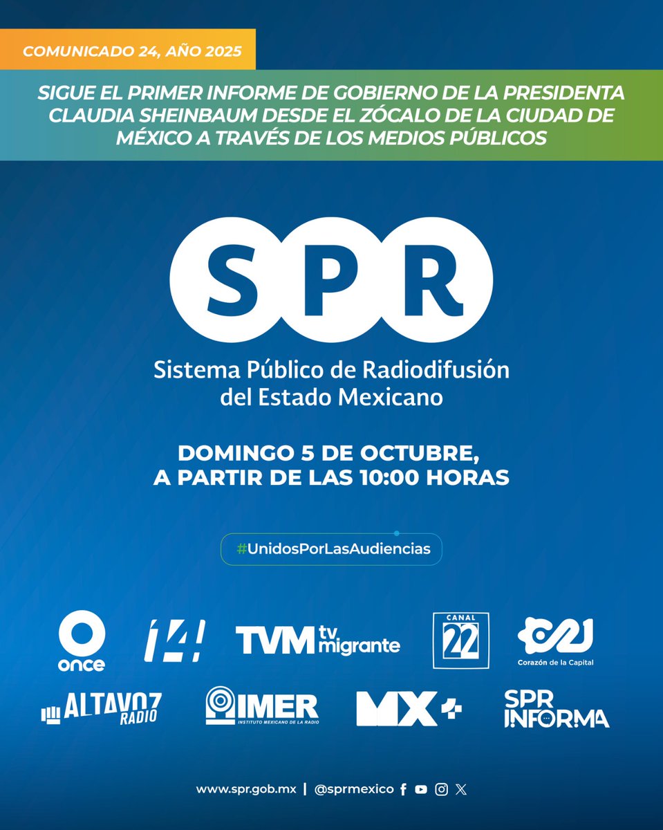 #Comunicado 

Los #MediosPúblicos se unen para transmitir la #CoberturaInformativa del mensaje de la presidenta <a href="/Claudiashein/">Claudia Sheinbaum Pardo</a> por su primer año de Gobierno, desde el Zócalo de la #CDMX.

➡️ Sigue la transmisión a partir de las 10:00 horas del domingo 5 de octubre, a través de:
📺