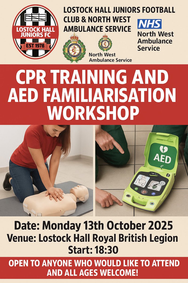 Lostock_HallJFC's tweet photo. Great 🆓 workshop to familiarise yourself with AEDs and build confidence in assisting or leading in CPR
Open to anyone who is interested in learning a new skill or reviewing their knowledge.
Please DM to book places
#CardiacSmart
#CPR
#AED
#ForTheCommunity https://t.co/w3maq9DL36