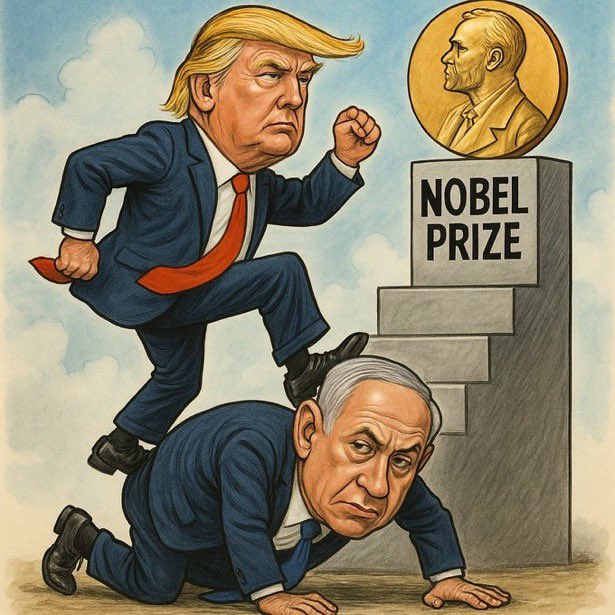 واحدة من اكثر الصور المتداولة 

الإعلام العبري يقول:
"ترامب باع نتنياهو من اجل جائزة نوبل للسلام"