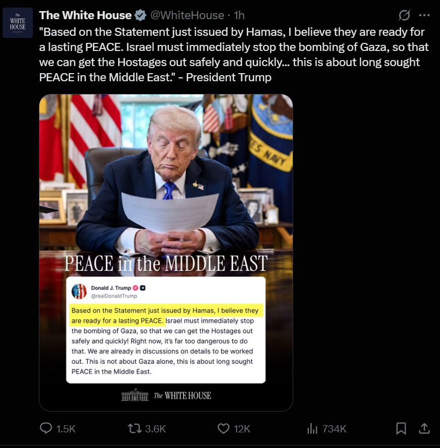 yourfriendSOMMI's tweet photo. ❤️💛💚💙

🚨 JUST IN 🚨

Trump tweets for Israel to stop bombing Gaza.

Maybe this is the prelude to Altseason vibes that happen due to the Business Cycle rising from here. https://t.co/Cd6tMq89nQ