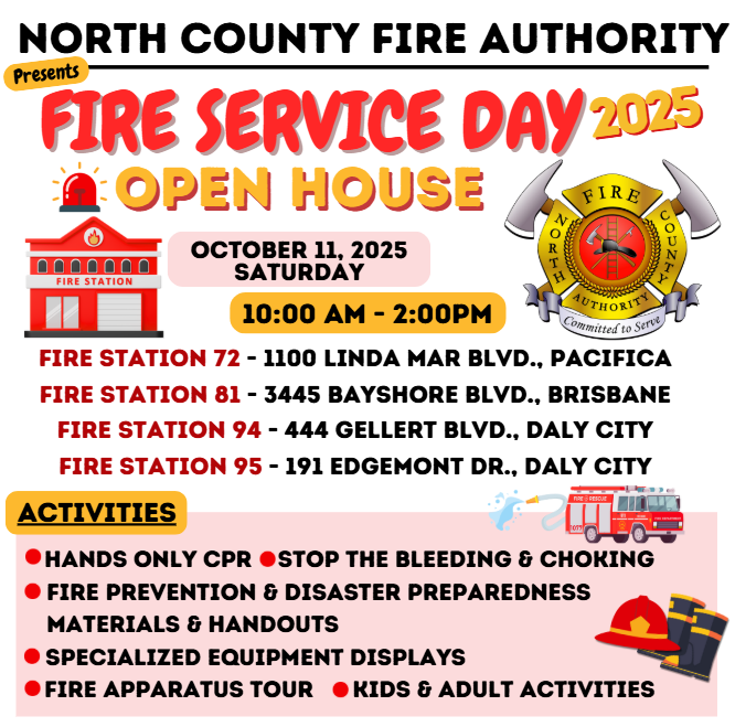 NoCoFire's tweet image. Join us for an Open House at your local fire station this Fire Service Day on Saturday, Oct. 11 from 10:00am to 2:00pm! See below for more details. #FireServiceDay #OpenHouse #FireStation