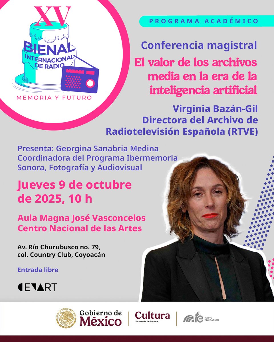 No te pierdas la Conferencia Magistral de Virginia Bazán-Gil en la #XVBienalDeRadio

La Directora del Archivo de <a href="/rtve/">RTVE</a> 💿📽️ hablará sobre el valor de los archivos media en la era de la #IA

Presenta Georgina Sanabria de <a href="/ibermemorias/">Programa Ibermemoria Sonora y Audiovisual</a>

📆 9 de oct, 10 h
📍 Aula Magna del <a href="/cenartmx/">Centro Nacional de las Artes</a>