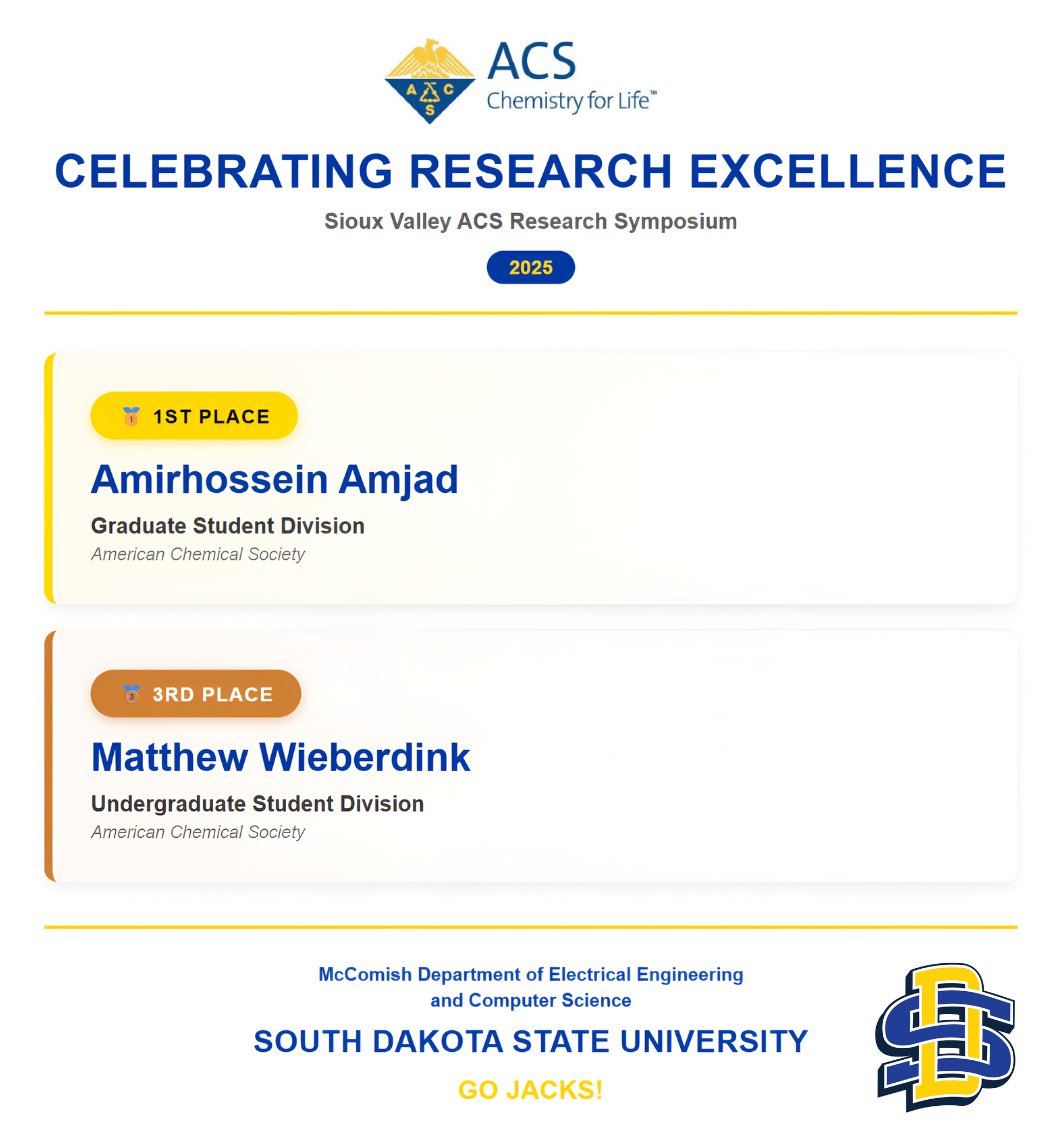 SDSU_EECS's tweet image. Proud moment for #SDSU! Our students dominated at the 2025 Sioux Valley ACS Research Symposium:

Amirhossein Amjad - 1st Place (Graduate)
Matthew Wieberdink - 3rd Place (Undergrad)

Excellence in research. Excellence in education. 
#GoJacks 💙💛#STEMResearch #ResearchExcellence