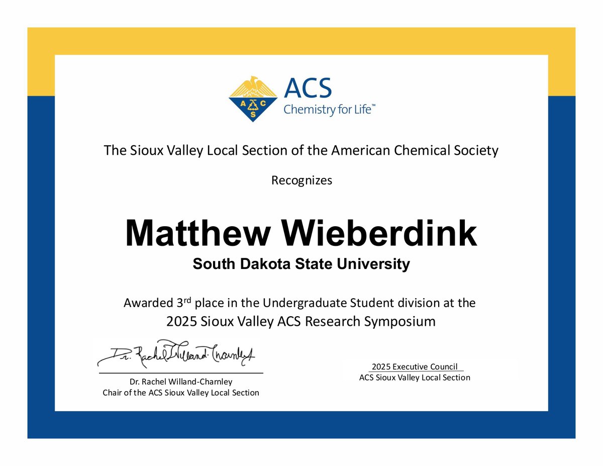 SDSU_EECS's tweet image. Proud moment for #SDSU! Our students dominated at the 2025 Sioux Valley ACS Research Symposium:

Amirhossein Amjad - 1st Place (Graduate)
Matthew Wieberdink - 3rd Place (Undergrad)

Excellence in research. Excellence in education. 
#GoJacks 💙💛#STEMResearch #ResearchExcellence