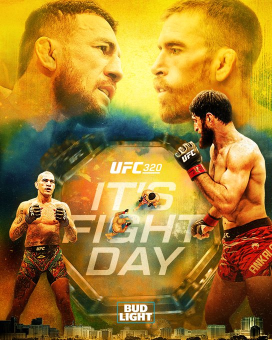 Four fighters in UFC gear, two standing in fighting stances with gloves, two in profile views. The UFC octagon logo is visible in the center. Text overlays read "UFC 320 IT'S FIGHT DAY" and "BUD LIGHT."