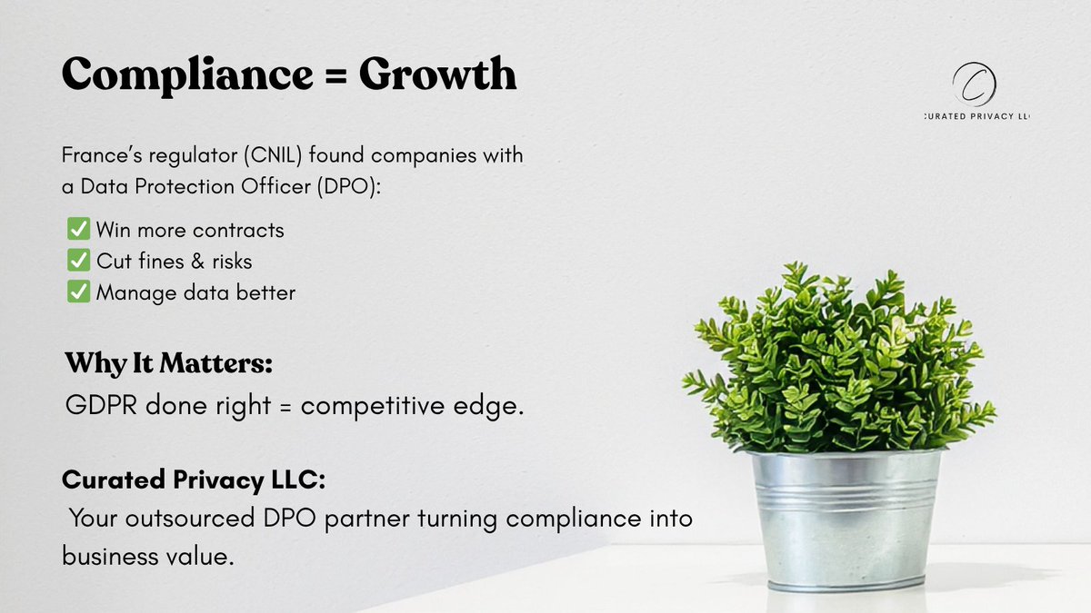 CuratedPrivacy's tweet photo. Compliance = business growth! Companies with a DPO see higher contract success &amp; fewer fines. Curated Privacy LLC turns GDPR compliance into a strategic advantage.

🔗 https://t.co/Ntacj3UdNA 
📩 info@curatedprivacy.com
#DPO #GDPR #DataPrivacy #BusinessGrowth #PrivacyConsulting https://t.co/7DQMkHPqGP
