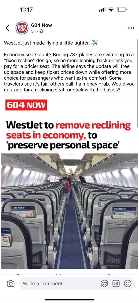 NickolasVidovic's tweet photo. It’s a good start to losing customers! As someone who stands at 6’3”, I’ll be choosing another airline for my flights.#WestJet https://t.co/Lzib8ZvDgw