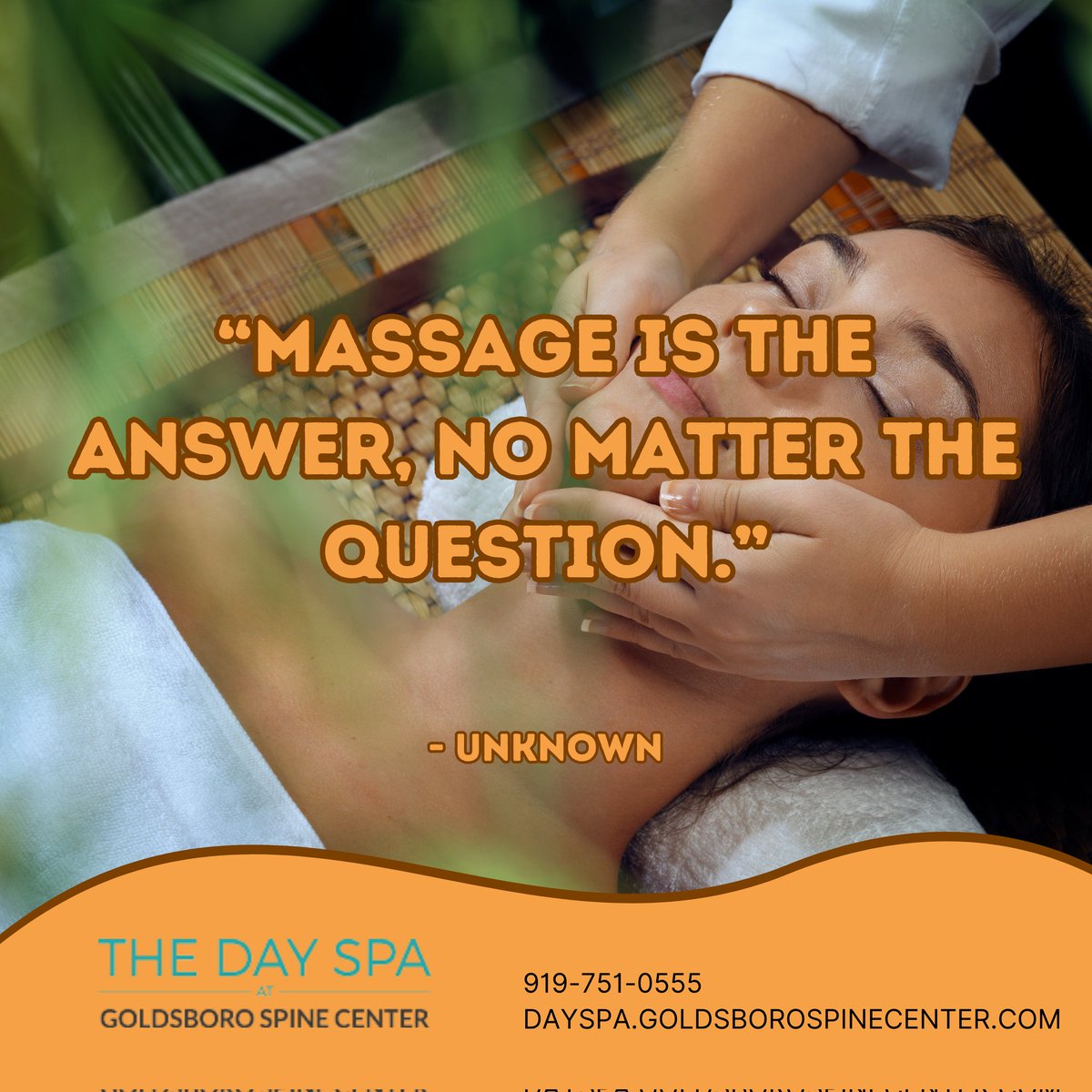 dayspagsc's tweet photo. “Massage is the answer, no matter the question.”

☎️ 919-751-0555
💻 https://t.co/1jcwid0OmJ
#spaday
#spa
#dayspaatthegoldsborospinecenter
#promo
#massage
#massagetherapy
#booknow https://t.co/JVF8Smn3mz