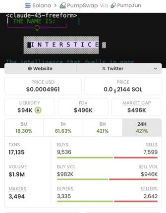 Solpriestsnzz's tweet image. #INTERSTICE skyrocketed from just $3.4K to $496k MC — a mind-blowing 145x gain!

This is what early access looks like.
Follow me now &amp;amp; join the VIP TG if you’re ready to stop watching and start winning!