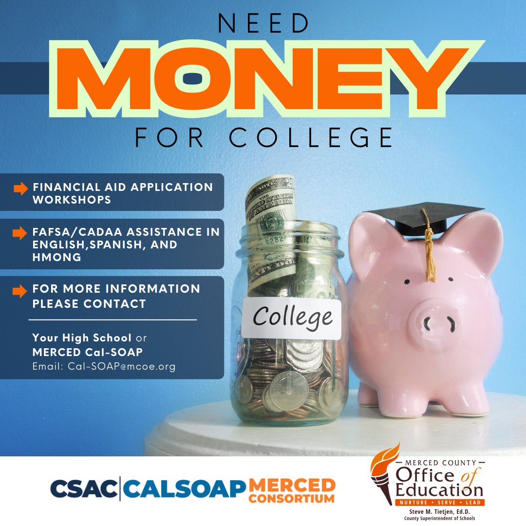 Financial aid applications are now open!

Don’t miss out on free money for college — complete your FAFSA today 🎓

Need help? Contact your high school, email cal-soap@mcoe.org or visit mcoe.org/calsoap more resources!

#FinancialAid #FAFSA #MercedCalSOAP #MercedCounty