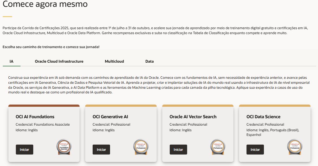 A Oracle está oferecendo a oportunidade para você conquistar certificações de forma totalmente gratuita!

São 4 trilhas disponíveis, e ao se inscrever em qualquer uma delas você recebe o curso completo duas chances de fazer a prova.
