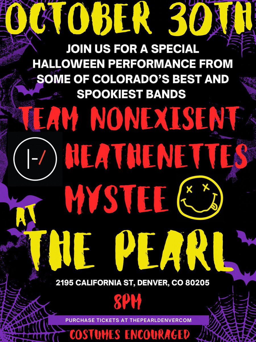 amezak11's tweet photo. @ #DenverClikkies #ColoradoClikkies The Pearl will be hosting a SPOOKY Halloween show on OCTOBER 30! come out to hear some of Colorado's best local bands pay tribute to their favorite artists — including a SECRET act with a very special Twenty One Pilots set!!! #twentyonepilots https://t.co/MwzFZCb45u