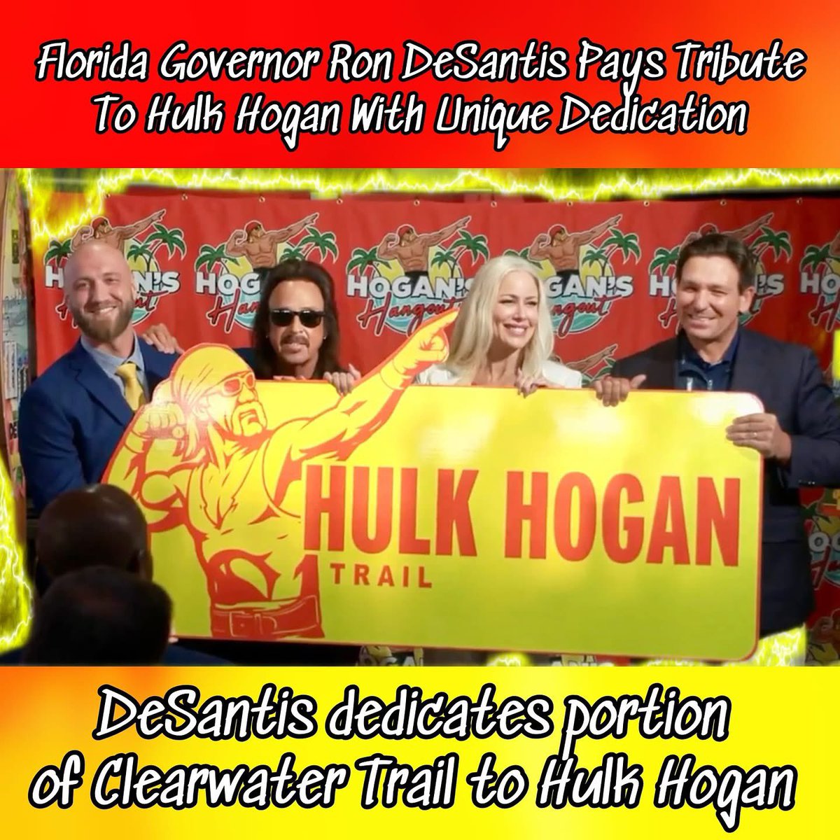 PostTraumatik's tweet image. Lifelong Hulkamaniac, and Real American, Governor Ron DeSantis announced on Friday at Hogan’s Hangout in Clearwater that he is dedicating a two-mile portion of the Clearwater Trail to Hulk Hogan.  #hulkhogan #hulkhogantrail #hulkster #hulkamania #realamericanbeer #rondesantis