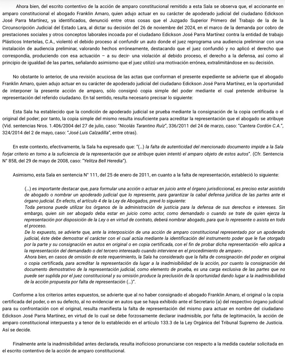 WilsonGomezGB's tweet photo. Sentencia N° 0755 del 21/05/2025 Sala Constitucional @TSJ_Venezuela La condición de apoderado judicial se prueba mediante la consignación de la copia certificada o el original del poder; por tanto, la copia simple del mismo resulta insuficiente. Abogado https://t.co/8Ls6IiN1Tk https://t.co/4t7TcUFaPi