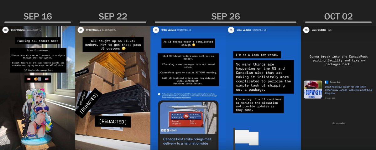 <a href="/canadapostcorp/">Canada Post</a> <a href="/cupw/">CUPW</a> went on strike without warning and are holding my packages hostage. Ive been keeping my followers on Instagram updated but completely overlooked my followers here on X. My apologies.