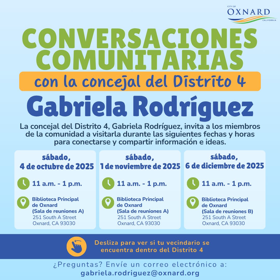CityofOxnard's tweet photo. District 4 Councilwoman Gabriela Rodríguez invites community members to stop by during the following dates and times to connect, and share information and ideas!

Join her tomorrow Saturday, Oct. 4th at the Oxnard Main Library (251 S. A St.) in Meeting Room A, from 11AM- 1PM https://t.co/3Df3tOUsOg