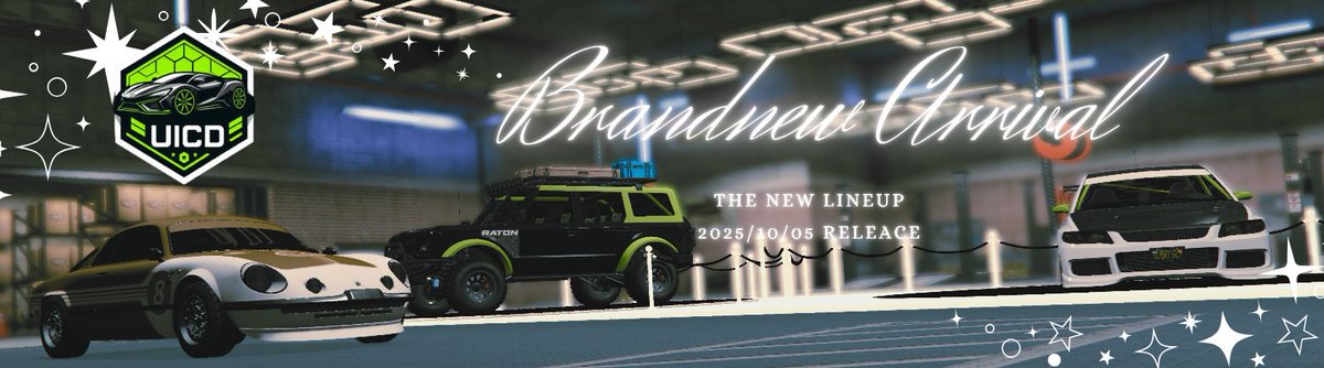 unparacity's tweet photo. 2025年10月5日日曜日✨
インポートカーディーラーUICDより新車種3種類がリリースされます🎉
見た目もおしゃれな三台ですがUICDらしいエキゾースト音を響かせてくれそうな新車たちリリースが楽しみです✨
アンパラの参加方法は公式HPへ🏁
https://t.co/eKug9bpZDi

＃UnparalleledCity #FiveM #GTAV https://t.co/ryQUPNZFwI