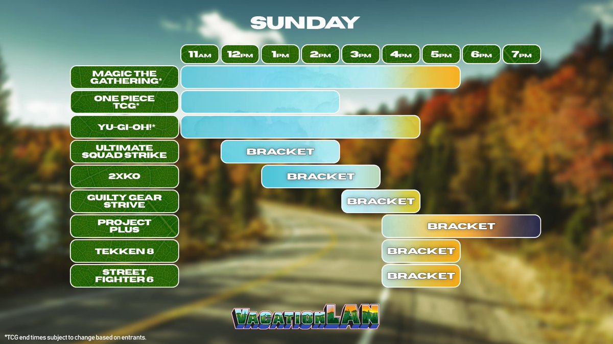 Here's the schedule for Saturday and Sunday of VacationLAN! Please reach out with any questions!

*We'll announce the door and start times for the Friday pre-local once that's figured out