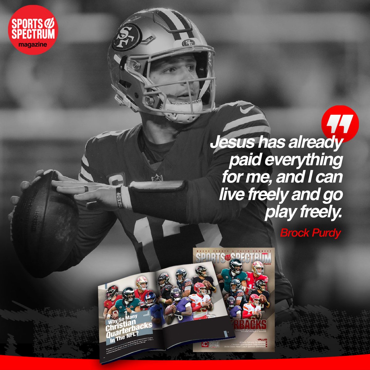 Sports_Spectrum's tweet image. While playing one of the most scrutinized positions in all of sports, more &amp;amp; more NFL quarterbacks are proclaiming the name of Jesus. Is there a correlation between being a follower of Christ and also an NFL QB?

Check out our latest magazine cover story!
loom.ly/Dz5zZfU