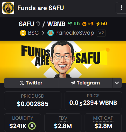 SAFU_onBNB's tweet photo. JUST IN:
✅ Rank #3 on DexScreener
✅ 1,500 holders strong 
✅ 5,3 M Volume
This is $SAFU culture in real time.🔥 #BNB #SAFU https://t.co/NLQnUQJpmW