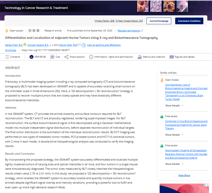 🔍 This study shows that a “2D decomposition + 3D reconstruction” strategy with X-ray and bioluminescence tomography enables accurate differentiation and localization of adjacent murine tumors.
🔗 Read more tinyurl.com/ys8vxp7w

#CancerResearch #Imaging #Bioluminescence
(7/8)