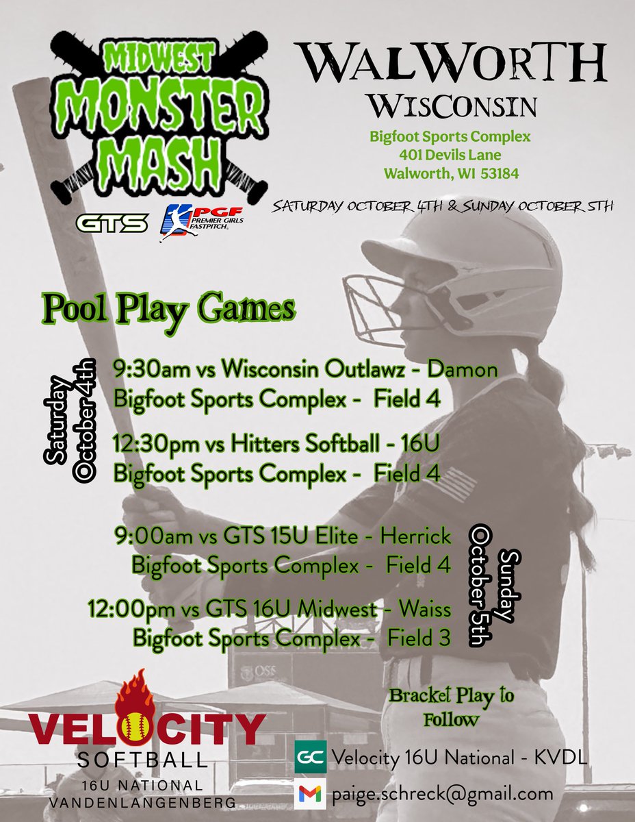 Paige Schreck (@paige_schreck) on Twitter photo Finally back at it again this weekend!! Come check out my team at the Monster Mash tournament in Walworth Wisconsin! Below is our schedule as well as our Game Changer! <a href="/Velocity_GB/">Velocity Performance Training</a> <a href="/Velo_Softball/">Velocity Softball</a> Finally back at it again this weekend!! Come check out my team at the Monster Mash tournament in Walworth Wisconsin! Below is our schedule as well as our Game Changer! <a href="/Velocity_GB/">Velocity Performance Training</a> <a href="/Velo_Softball/">Velocity Softball</a>