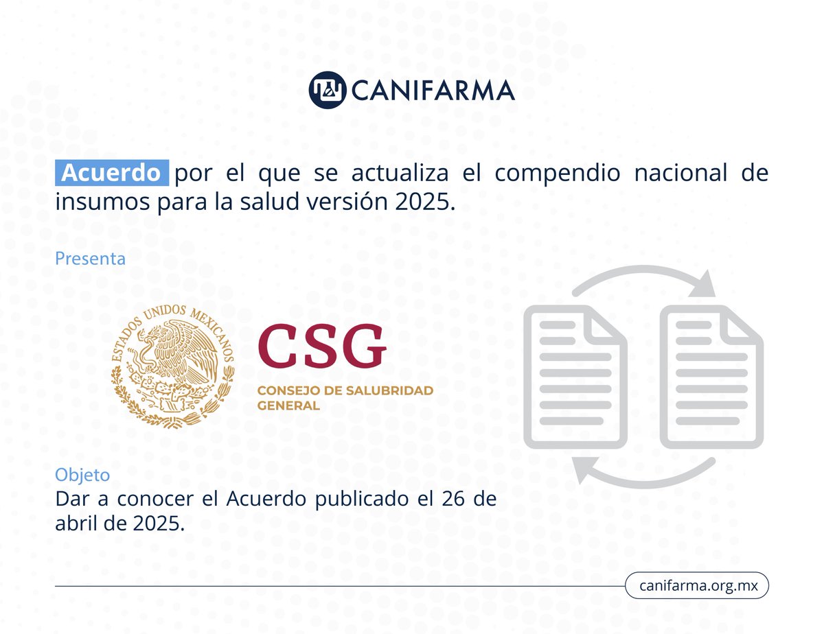 El DOF compartió el 26 de septiembre el ACUERDO por el que se actualiza el compendio nacional de insumos para la salud versión 2025, publicado el 26 de abril de 2025.

Consulta la publicación aquí: acortar.link/uudOSz