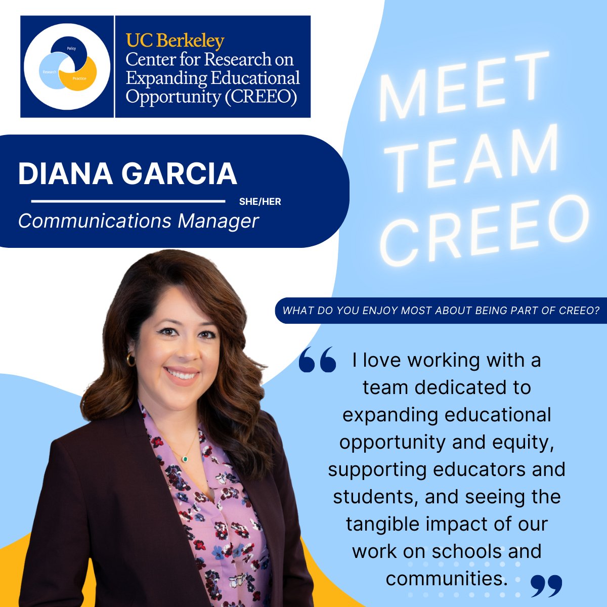 Meet Diana Garcia, CREEO’s new Communications Manager! With a background in multicultural marketing, education policy &amp; EdTech, she’ll guide our communications strategy—sharing stories, resources &amp; impact with our community. 

#EducationalEquity #EdTech #CREEO