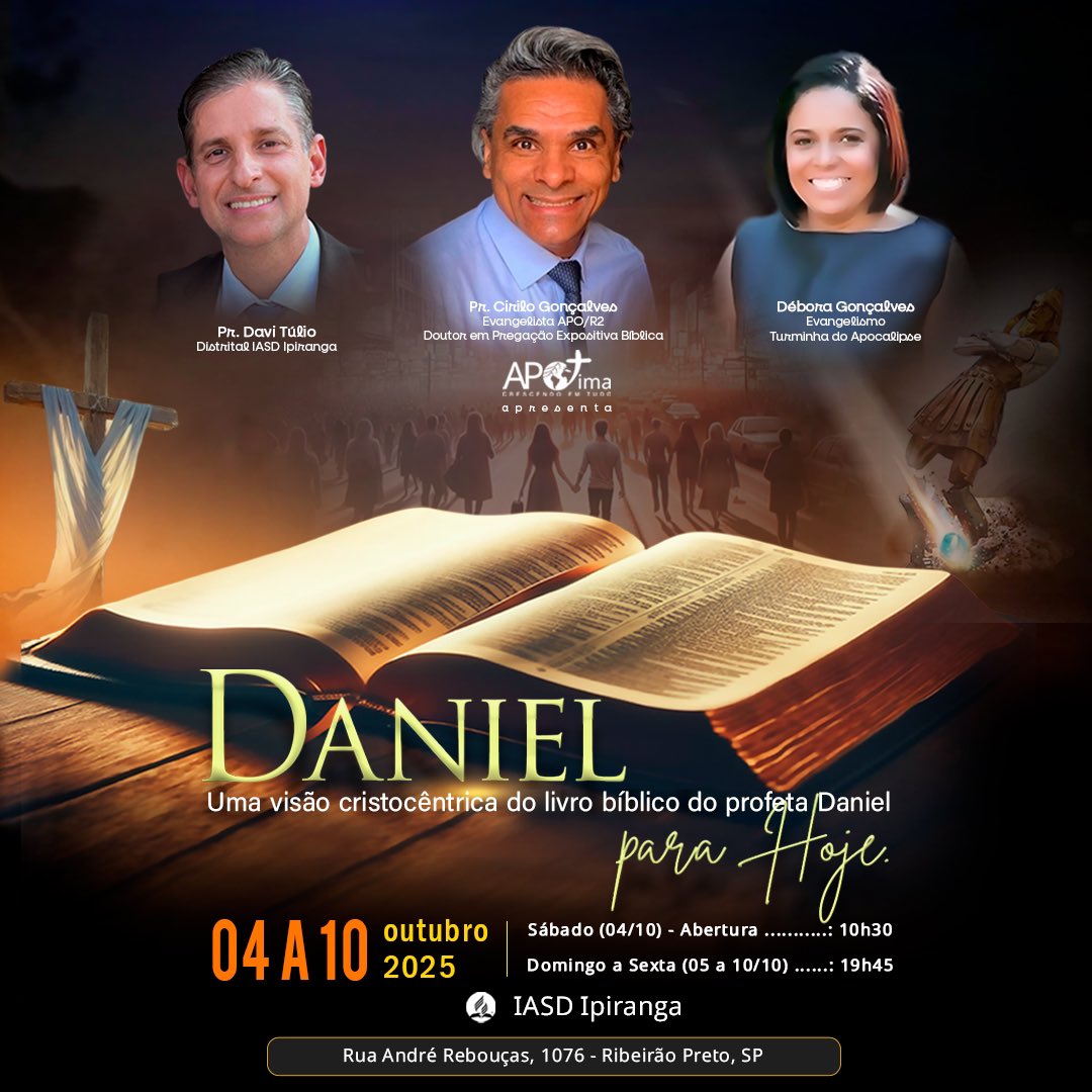 Nova Série de Pregações Evangelísticas - “DANIEL PARA HOJE: Uma visão cristocêntrica do livro bíblico do profeta Daniel”. 

INICIO AMANHÃ ÀS 10:30 na IASD Central de Ipiranga em Ribeirão Preto SP. APO-UCB. 

Soli Deo Glória!