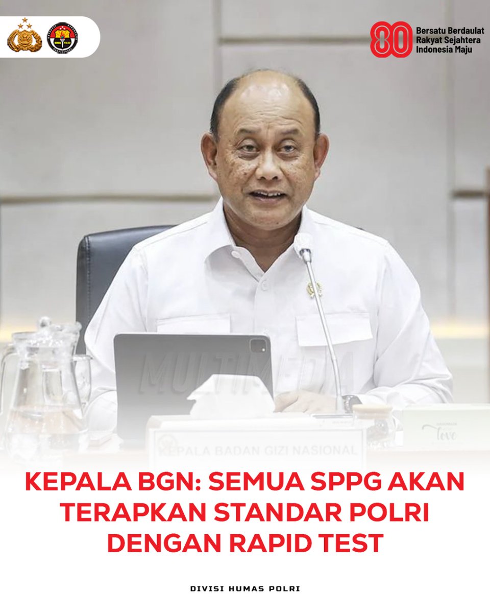 Kepala Badan Gizi Nasional (BGN) Dadan Hindayana memastikan seluruh Satuan Pelayanan Pemenuhan Gizi (SPPG) akan dilengkapi rapid test sebagai langkah pencegahan keracunan makanan. Kebijakan ini disampaikan usai rapat di Kompleks Parlemen, Senayan, Jakarta, Rabu (1/10).