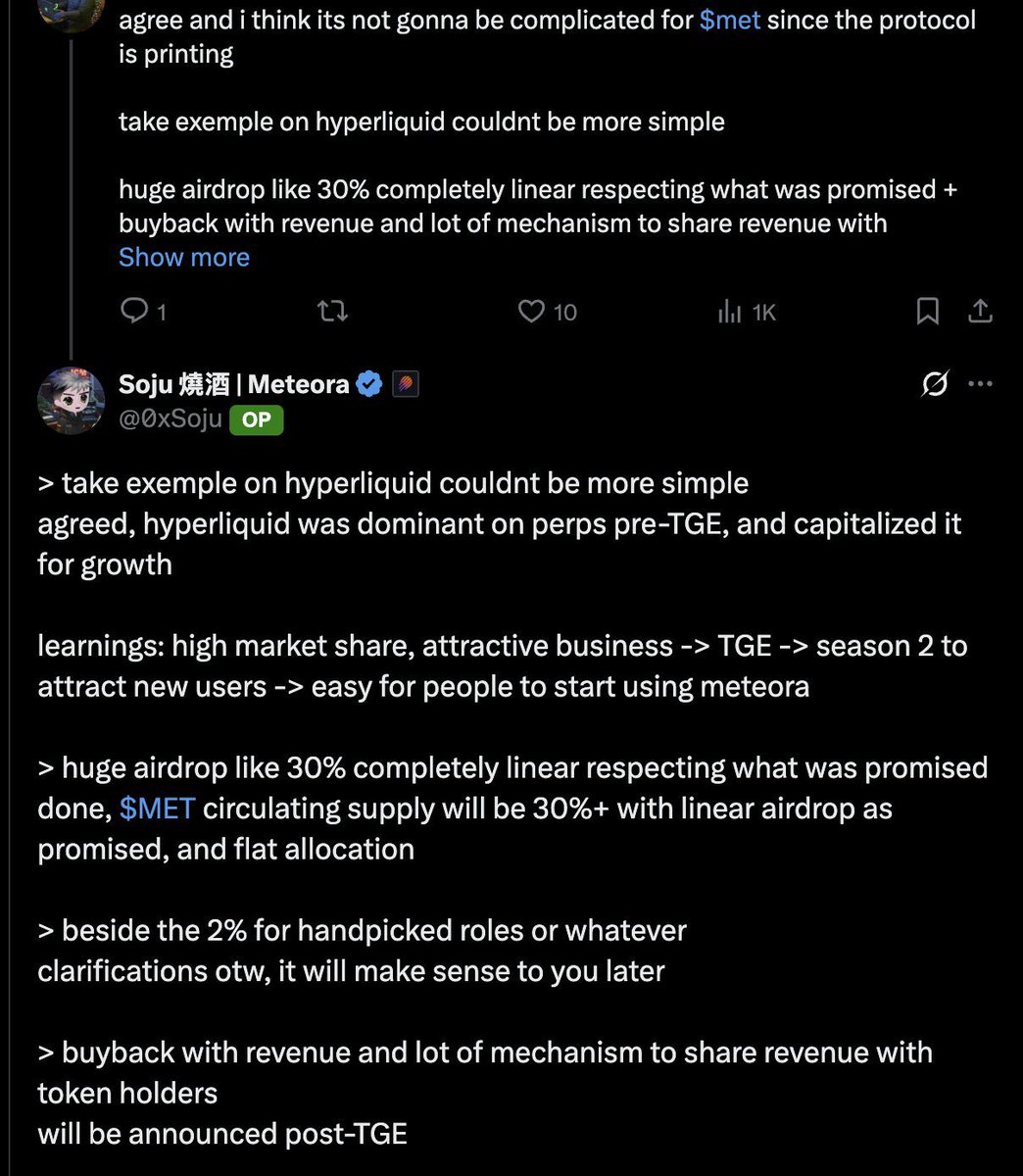 Screenshot of Meteora tokenomics discussion from a related tweet