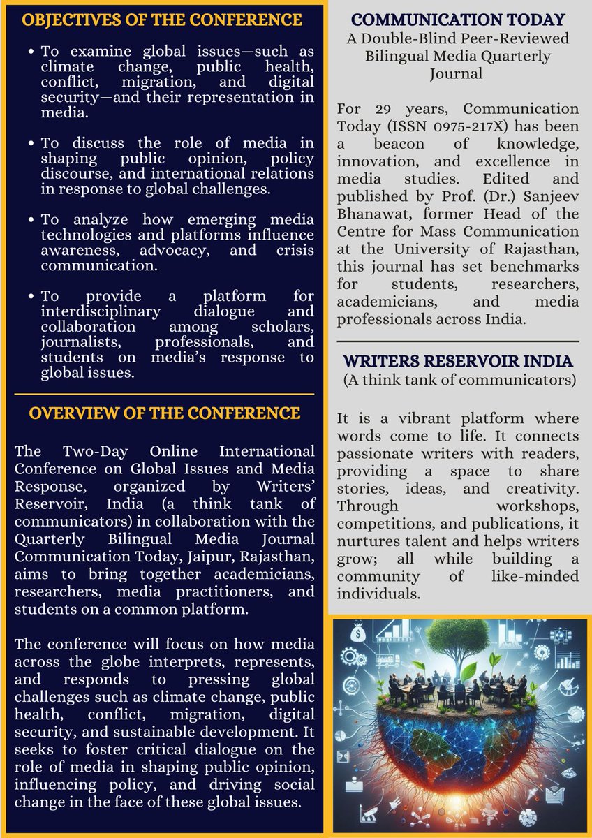 sanjeevbhanawat's tweet image. Call for Papers!
 29–30 Nov 2025
Online International Conference: Global Issues &amp;amp; Media Response
 Abstract: 25 Oct | Full Paper: 10 Nov
 Register: forms.gle/TAGmDynMHrgXJx…

#MediaResponse #GlobalIssues #Research
