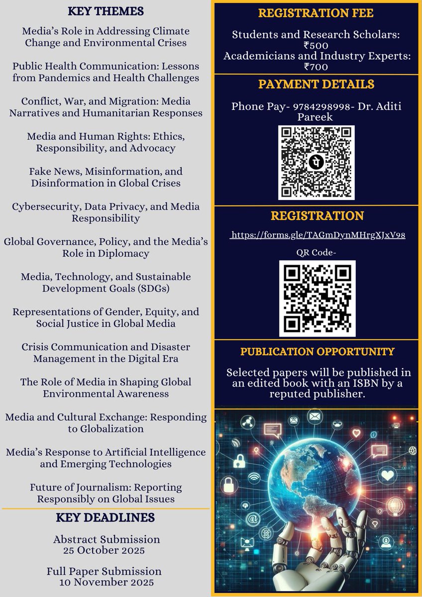 sanjeevbhanawat's tweet image. Call for Papers!
 29–30 Nov 2025
Online International Conference: Global Issues &amp;amp; Media Response
 Abstract: 25 Oct | Full Paper: 10 Nov
 Register: forms.gle/TAGmDynMHrgXJx…

#MediaResponse #GlobalIssues #Research