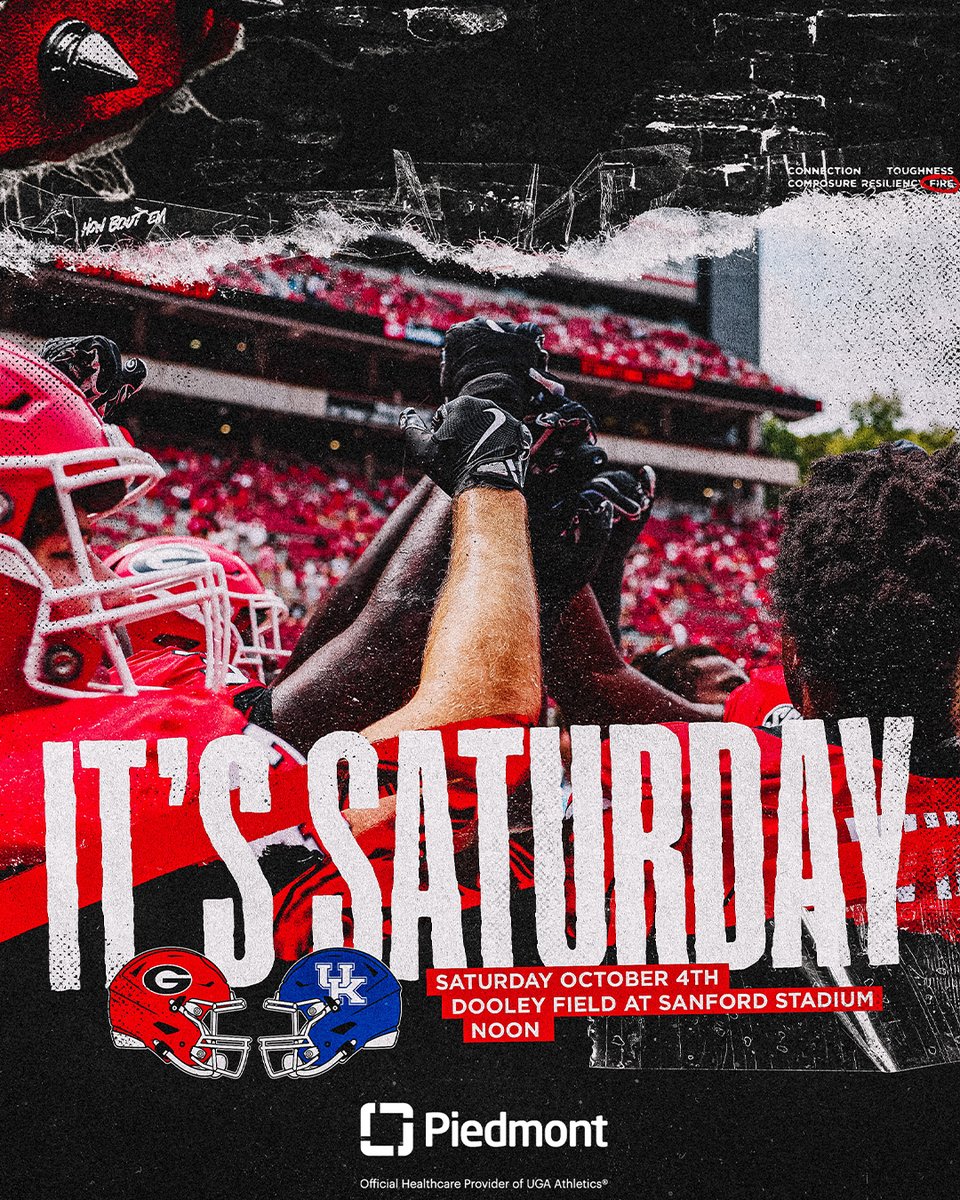 UGAAthletics's tweet image. It&apos;s Saturday in Athens!

We&apos;re teeing it up Between the Hedges at noon.

#GoDawgs | @PiedmontHealth