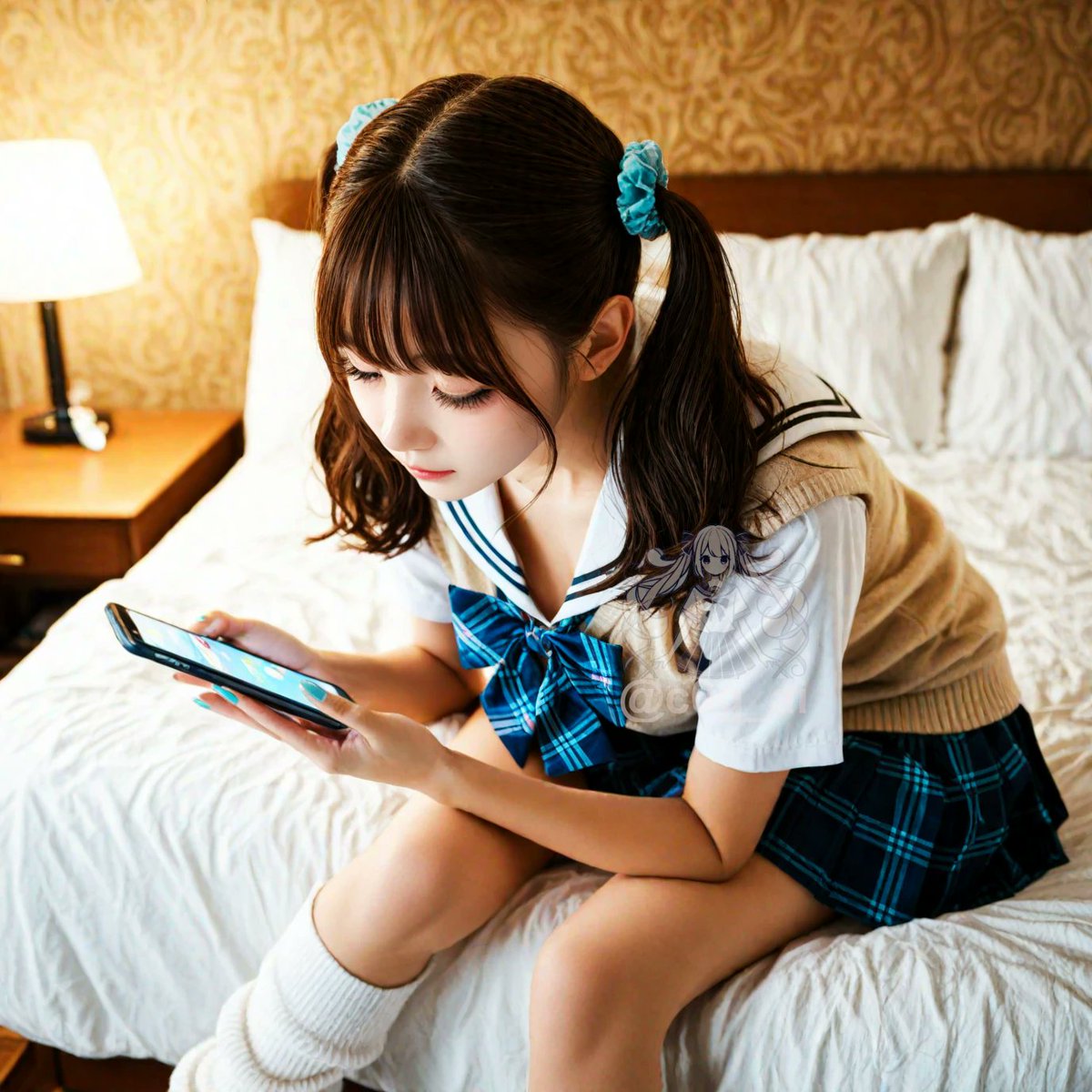 「うんうん、わかる〜」って相づちは完璧なのに、親指はずっと友達とのメッセージ📱
清楚風 × 圧倒的スマホっ子 ＝ 距離感バグる接客スタイル。
でも、たまに画面から顔あげて、ふっと笑う瞬間に癒されちゃうから…リピ確定w
#ツインテール #ルーズソックス