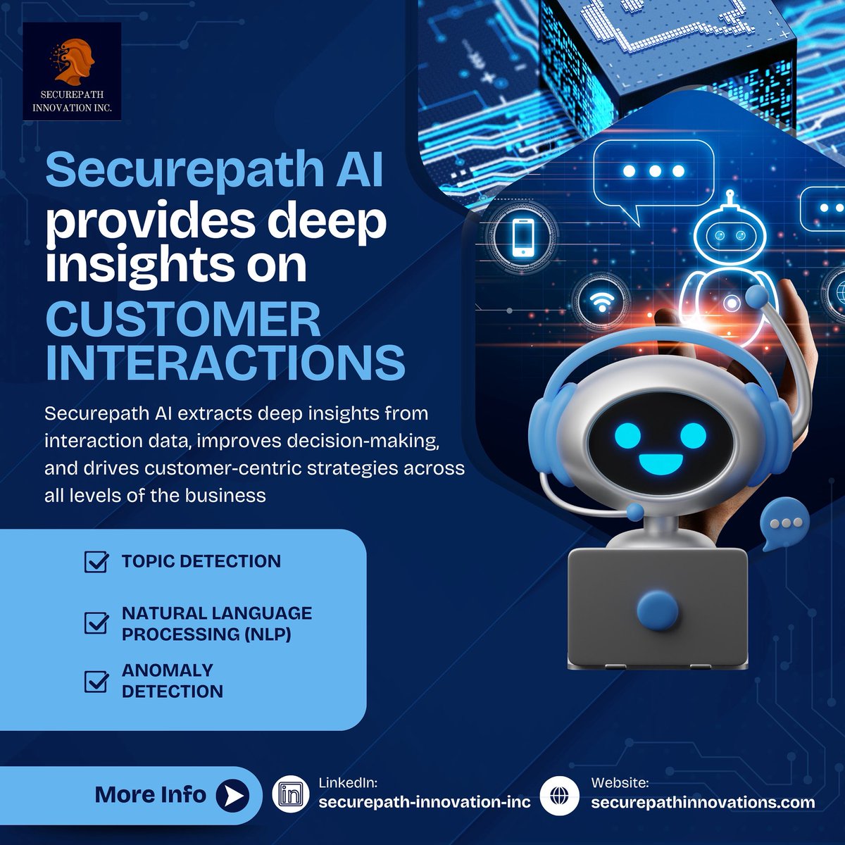 securepathinnov's tweet image. Unlock smarter decisions with AI-powered insights into customer interactions 🚀🔍 #AI #CustomerExperience #SecurepathAI #NLP #Innovation #DataDriven #BusinessGrowth