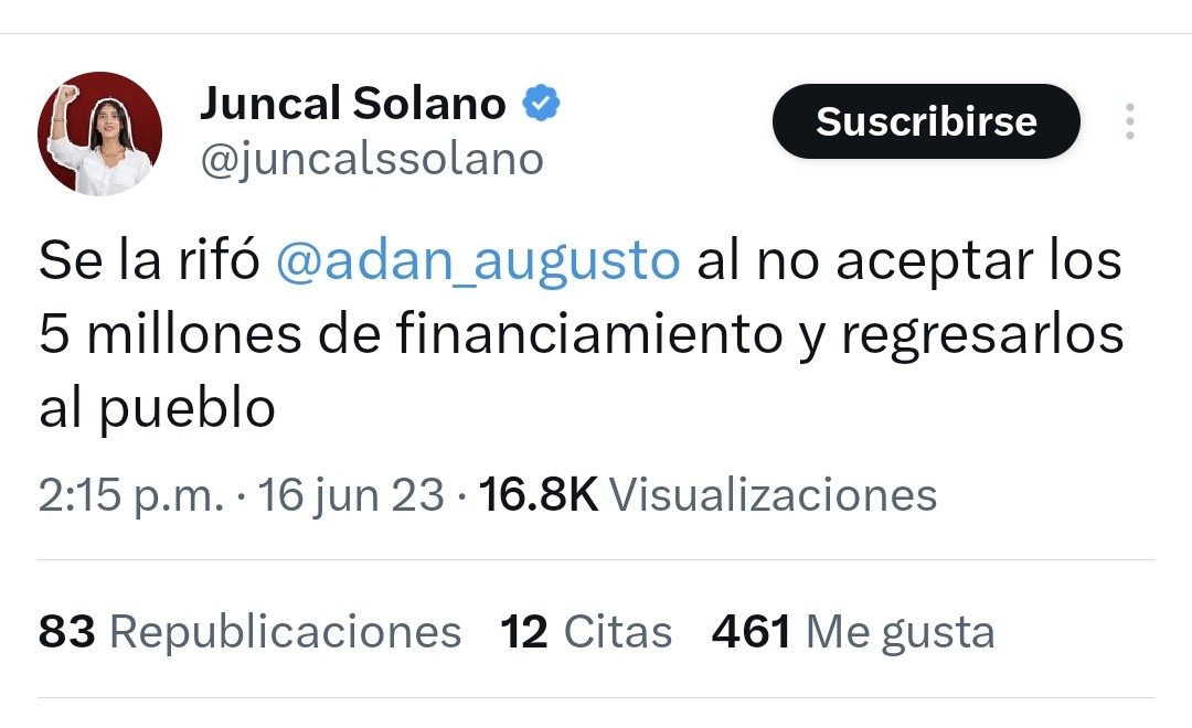 Marco Levario Turcott (@arouet_v) on Twitter photo Juncal Solano (<a href="/juncalssolano/">Juncal Solano</a>) fue otra propagandista de <a href="/adan_augusto/">Adán Augusto López H</a>. Y en esa labor elogió que su candidato no aceptara los cinco millones de pesos de financiamiento para "regresarlos al pueblo". Pues claro, Adán habría participado de un botín multimillonario como para reparar Juncal Solano (<a href="/juncalssolano/">Juncal Solano</a>) fue otra propagandista de <a href="/adan_augusto/">Adán Augusto López H</a>. Y en esa labor elogió que su candidato no aceptara los cinco millones de pesos de financiamiento para "regresarlos al pueblo". Pues claro, Adán habría participado de un botín multimillonario como para reparar