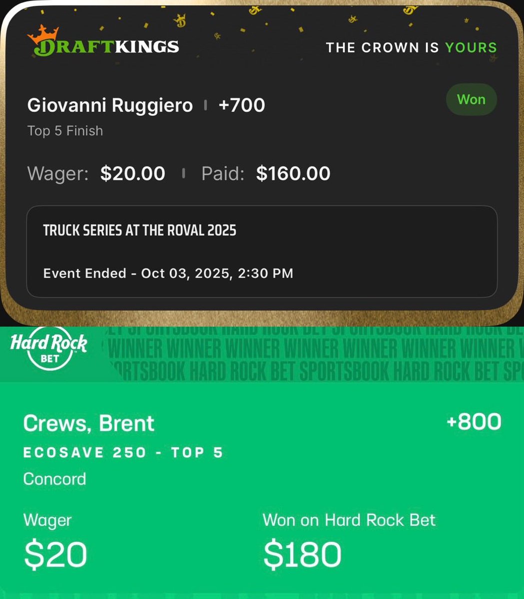 2 for 4 on NASCAR bets today at GoldBoys.com

Got super lucky with some late Majeski chaos help