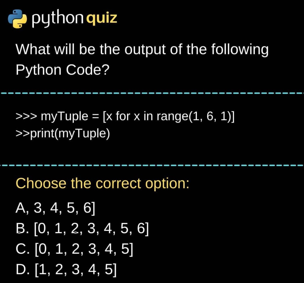 Python_Dv's tweet image. Python Question / Quiz;

What is the output of the following Python code, and why? 🤔🚀 Comment your answers below! 👇

#python #programming #developer #programmer #coding #coder #softwaredeveloper #computerscience #webdev #webdeveloper #webdevelopment #pythonprogramming…