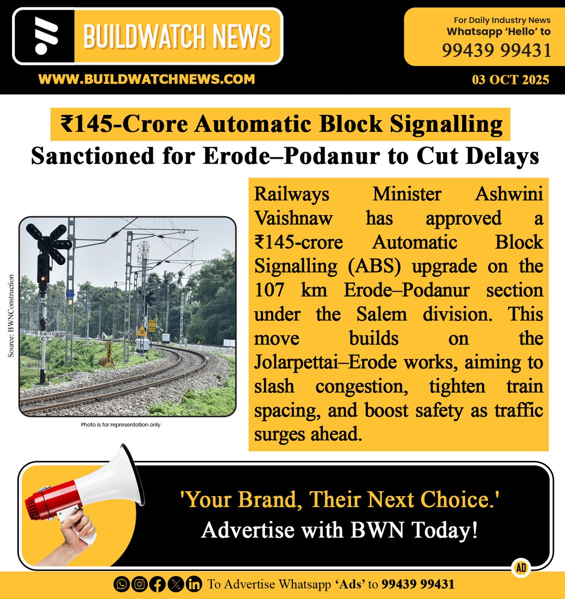 BuildWatchNEWS's tweet image. ₹145-Crore Automatic Block Signalling Sanctioned for Erode–Podanur to Cut Delays

🔗Read more:buildwatchnews.com/erode-pothanur…

#IndianRailways #AutomaticBlockSignalling #RailInfra #Erode #Podanur #SalemDivision #FasterTrains #RailSafety #Decongestion #ModernRailways #InfraUpgrade