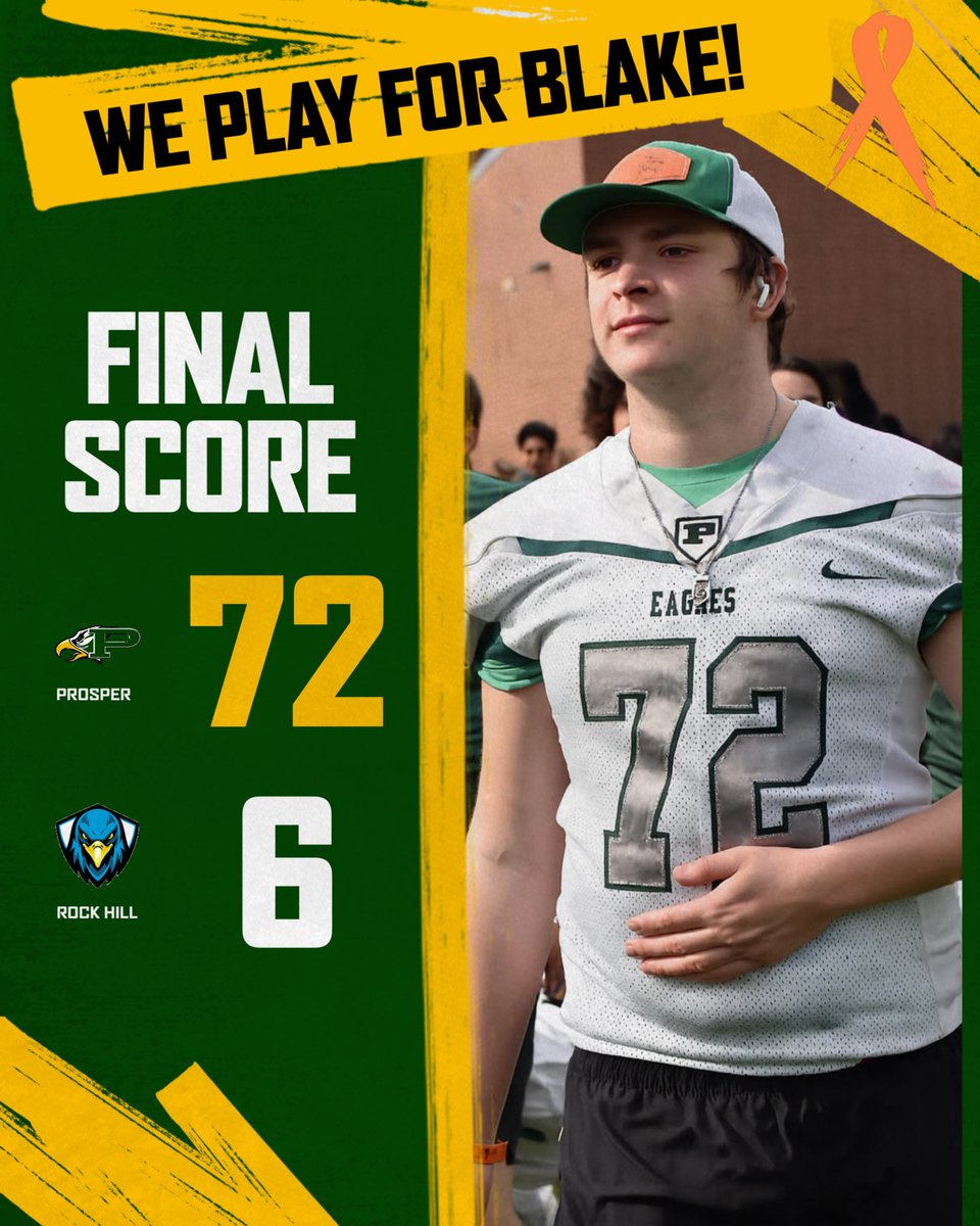 🦅 Incredible win against Rockhill!  We play for you Blake! 🧡 What are the odds that our score ends at 72 when we were honoring Blake tonight?  When you believe you are serving a greater purpose it is 100%!  🙌

Prosper-72🏆
Plano East -6
 💕Let’s go Eagles?!🦅
