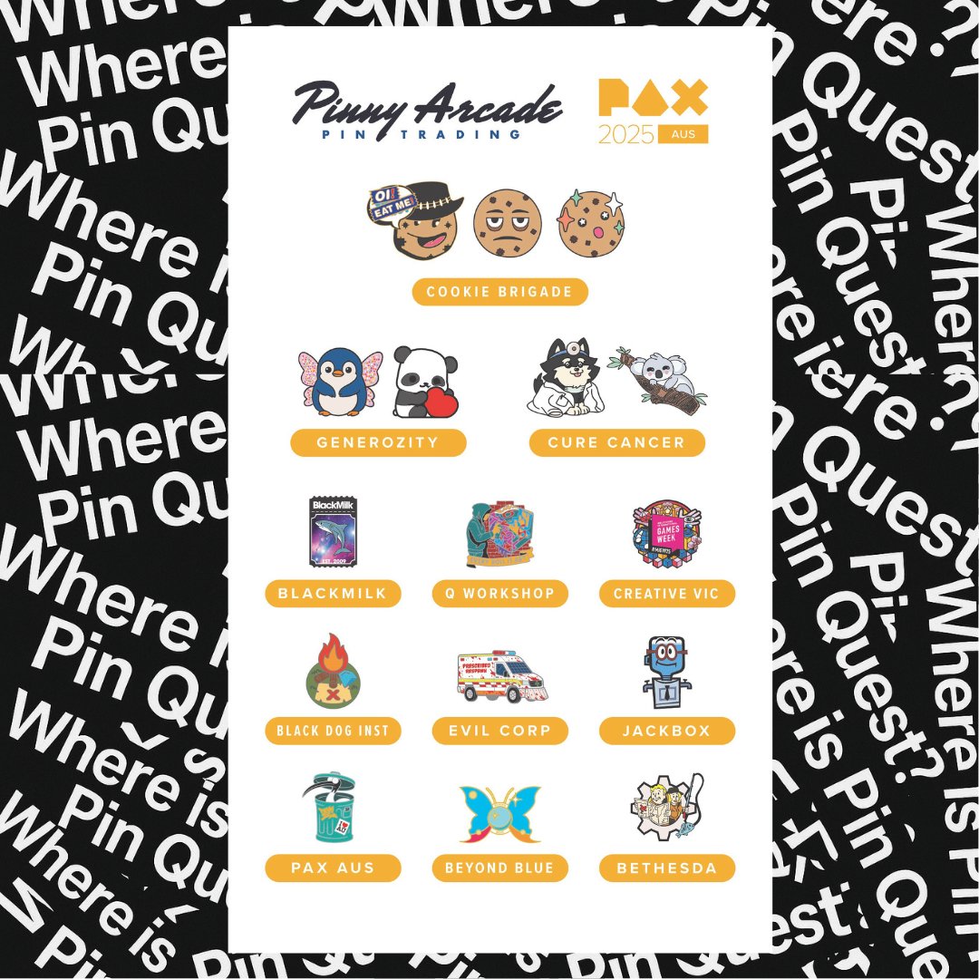 Where is Pin Quest? Where is Pin Quest? Where is Pin Quest? Here is Pin Quest!
PAX Aus 2025 Pin Quest: pinnyarcade.com/news/pax-aus-2…

Another PAX Aus means another Pin Quest! Some classics return this year's Pinny Arcade offering. Which one is your favourite? Who will you be tracking