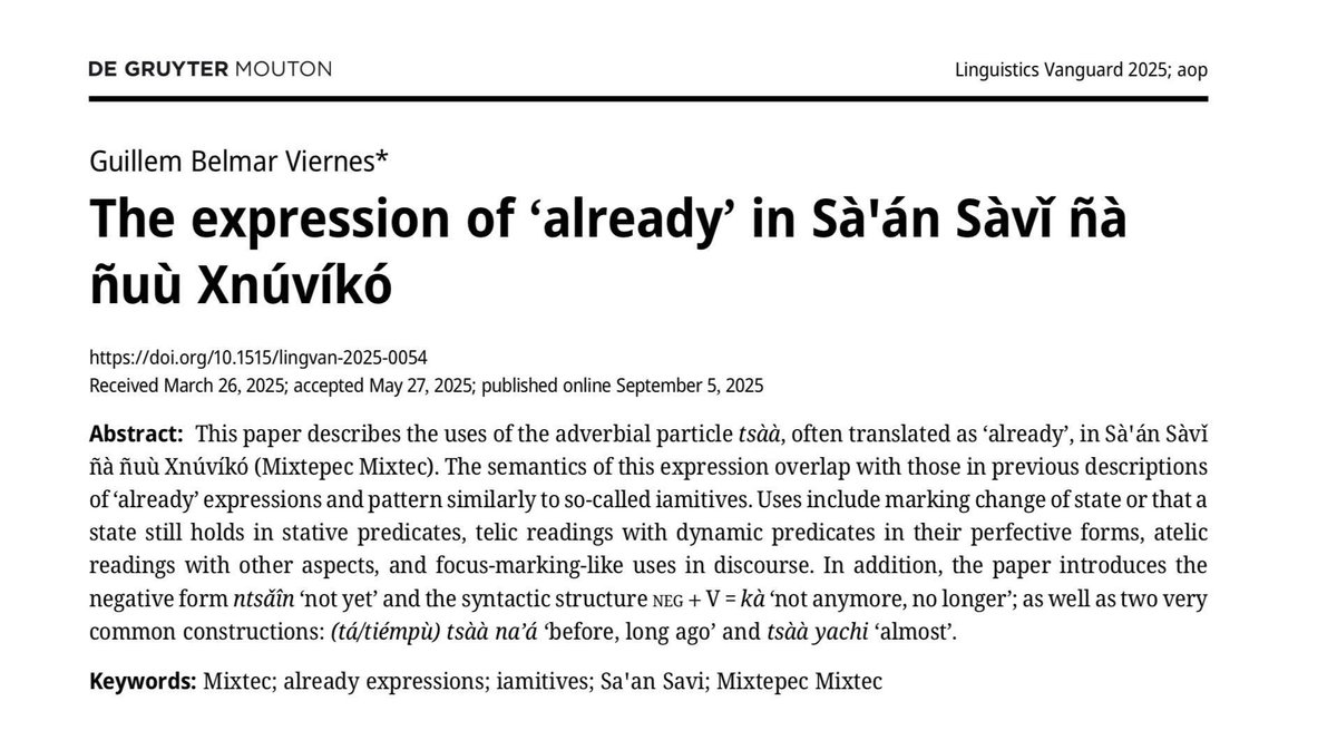 yucunani's tweet photo. Este verano salió “The expression of ‘already’ in Sà’án Sàvǐ ñà ñuù Xnúvíkó”, un artículo en inglés, de un miembro del proyecto, donde se describen los usos de “tsaa” (ya) en Mixteco de Mixtepec

https://t.co/6Sg80pYzMA

PS: si no puedes acceder y quieres una copia, escríbenos https://t.co/MqmX6Jey7E